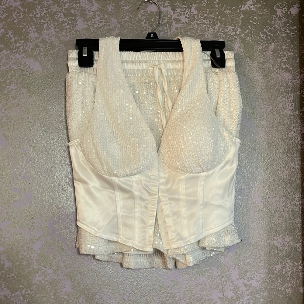 White Sequenced Corset with matching shorts.